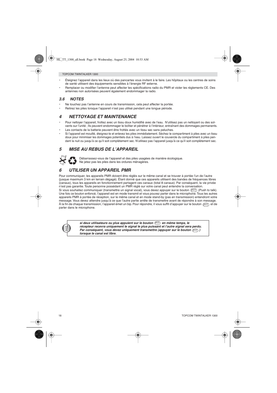 4nettoyage et maintenance, 5mise au rebus de l’appareil, 6utiliser un appareil pmr | Topcom Twintalker 1300 User Manual | Page 18 / 116