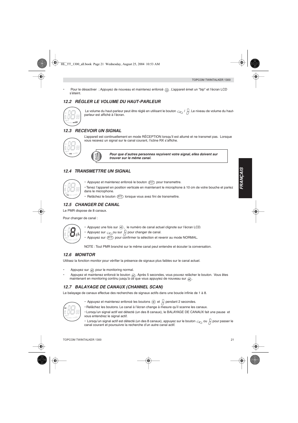 Français, 2 régler le volume du haut-parleur, 3 recevoir un signal | 4 transmettre un signal, 5 changer de canal, 6 monitor, 7 balayage de canaux (channel scan) | Topcom Twintalker 1300 User Manual | Page 21 / 116