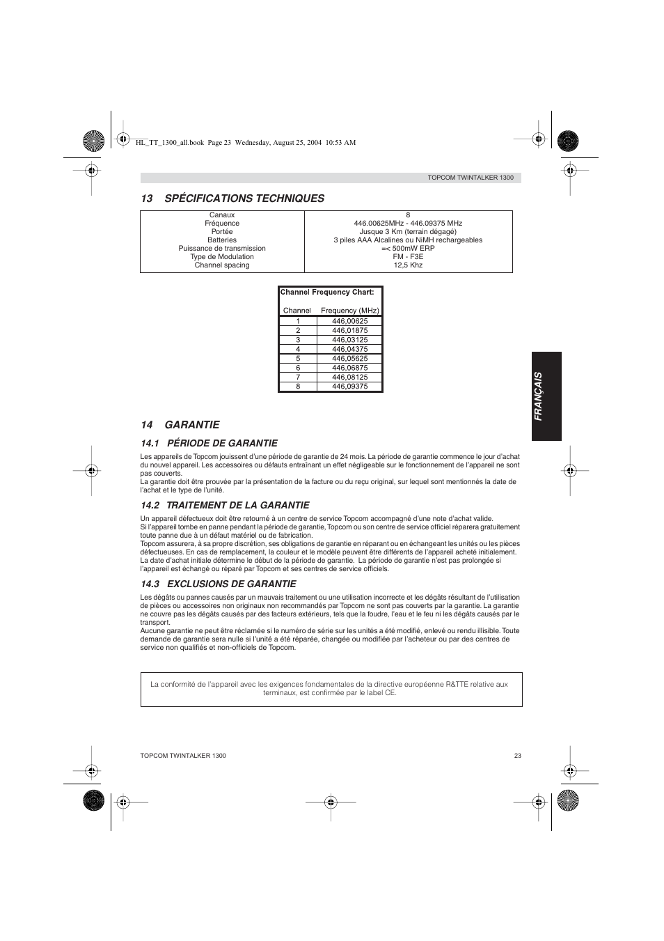 13 spécifications techniques 14 garantie | Topcom Twintalker 1300 User Manual | Page 23 / 116
