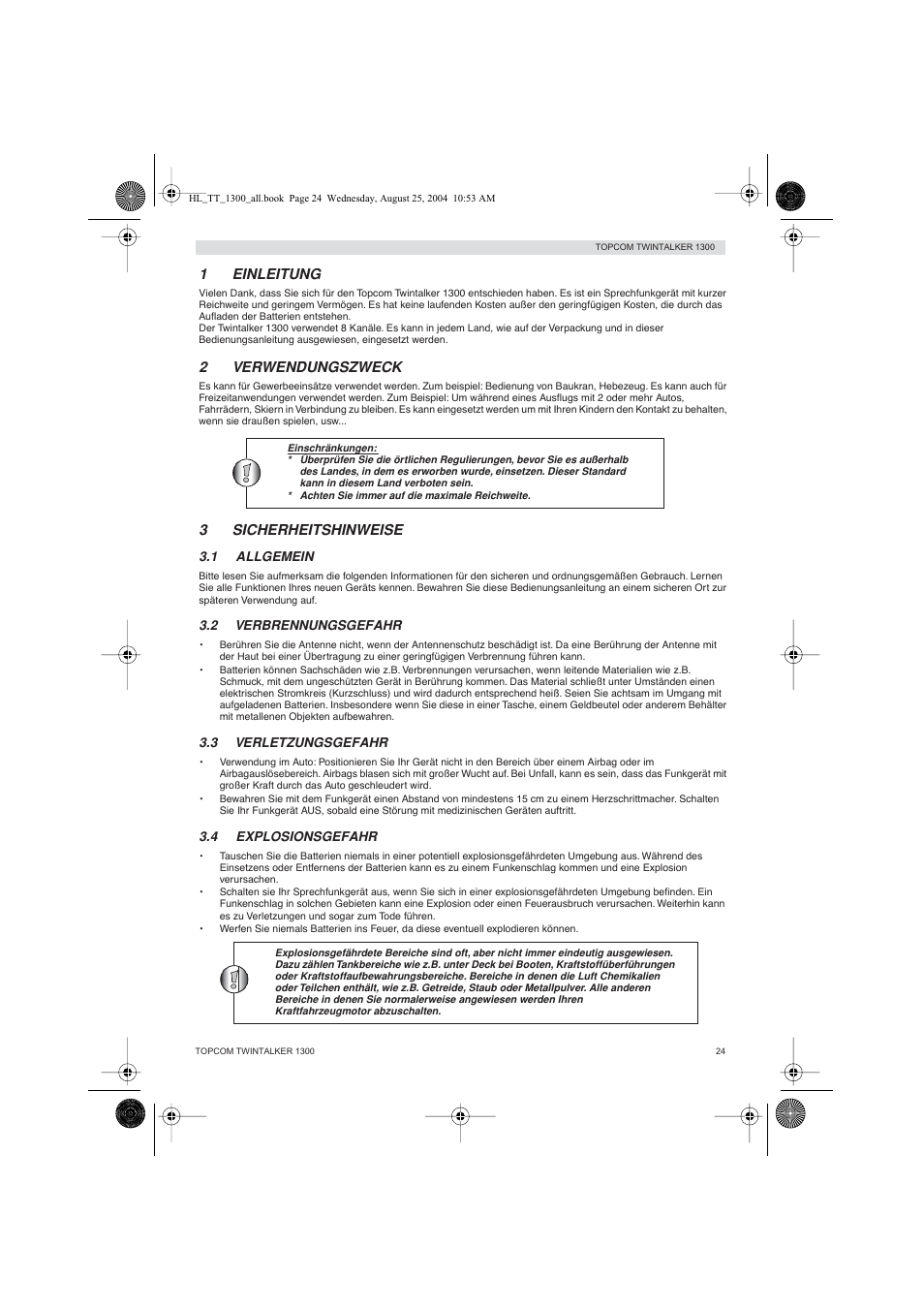 1einleitung, 2verwendungszweck, 3sicherheitshinweise | Topcom Twintalker 1300 User Manual | Page 24 / 116