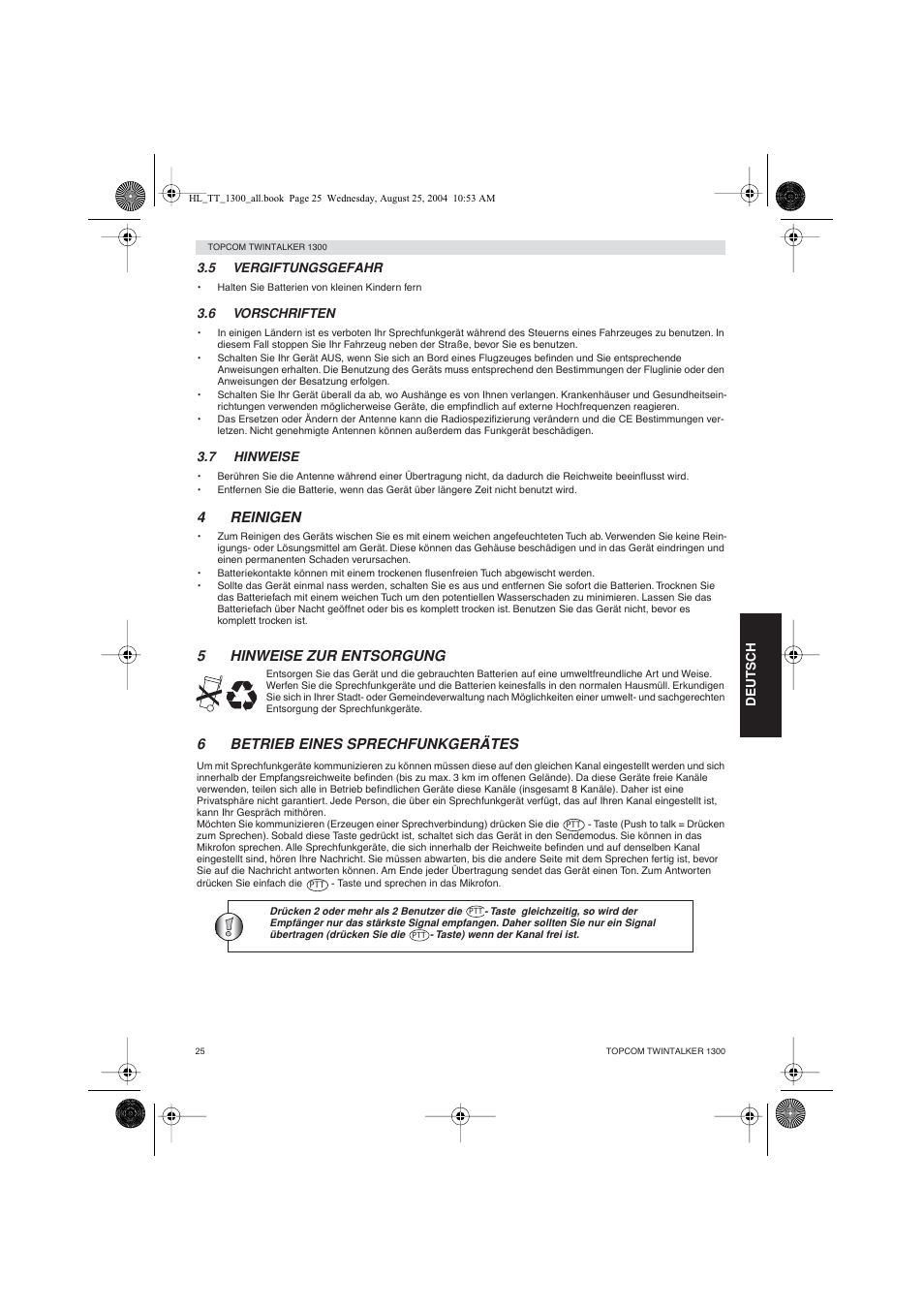 4reinigen, 5hinweise zur entsorgung, 6betrieb eines sprechfunkgerätes | Topcom Twintalker 1300 User Manual | Page 25 / 116