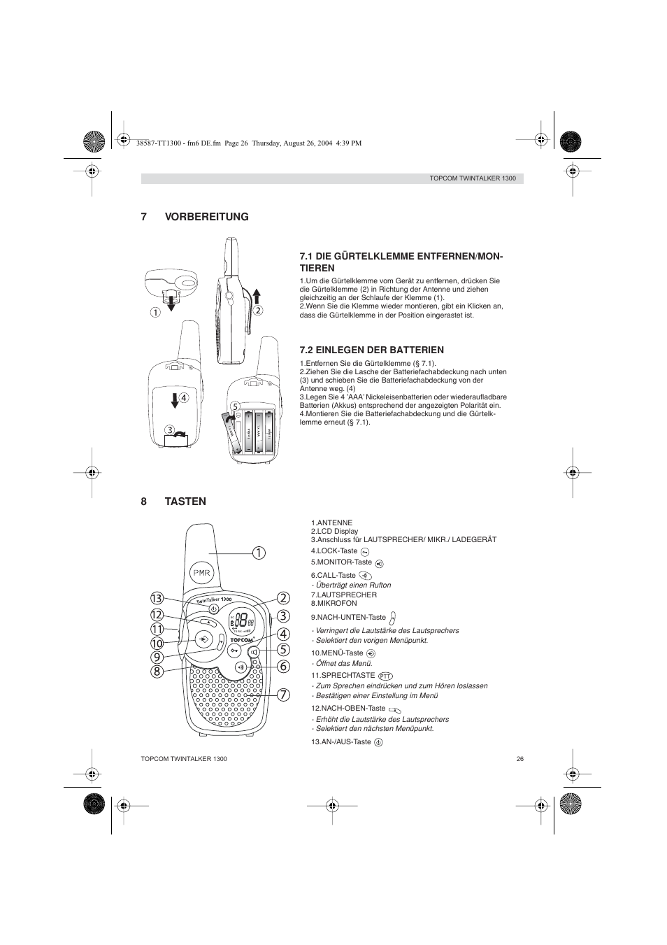 7vorbereitung, 8tasten | Topcom Twintalker 1300 User Manual | Page 26 / 116