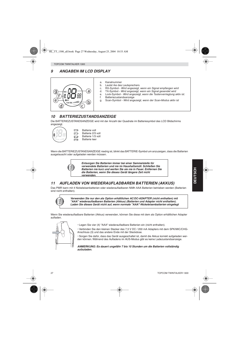 9angaben im lcd display 10 batteriezustandsanzeige | Topcom Twintalker 1300 User Manual | Page 27 / 116