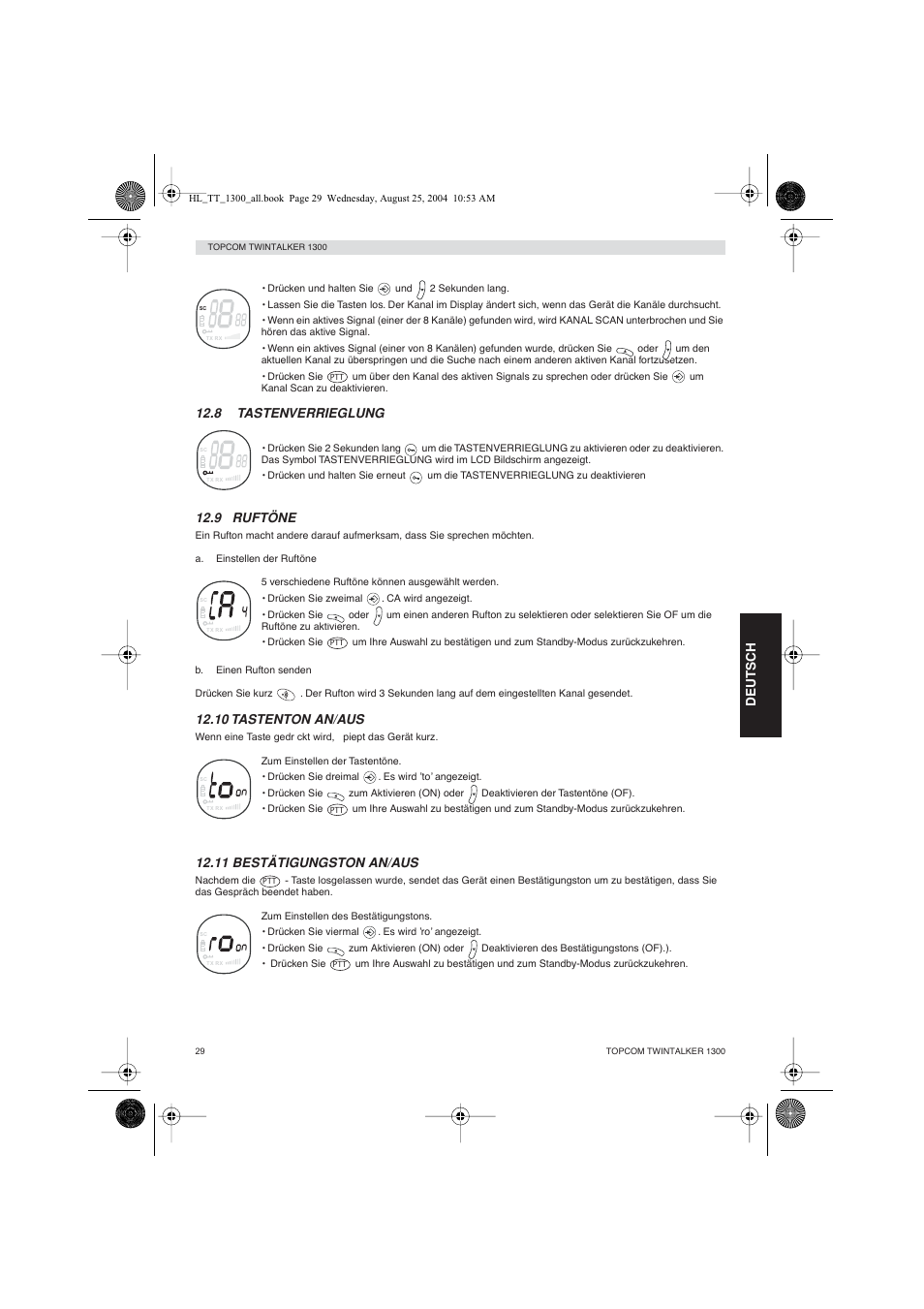 8 tastenverrieglung, 9 ruftöne, 10 tastenton an/aus | 11 bestätigungston an/aus, Deutsch | Topcom Twintalker 1300 User Manual | Page 29 / 116