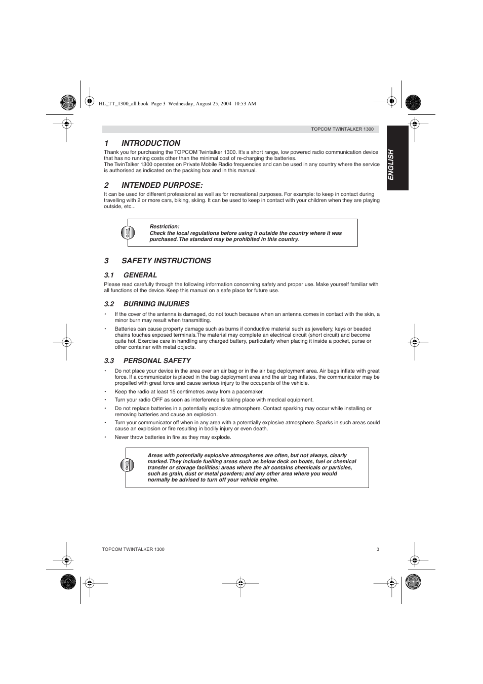 1introduction, 2intended purpose, 3safety instructions | Topcom Twintalker 1300 User Manual | Page 3 / 116