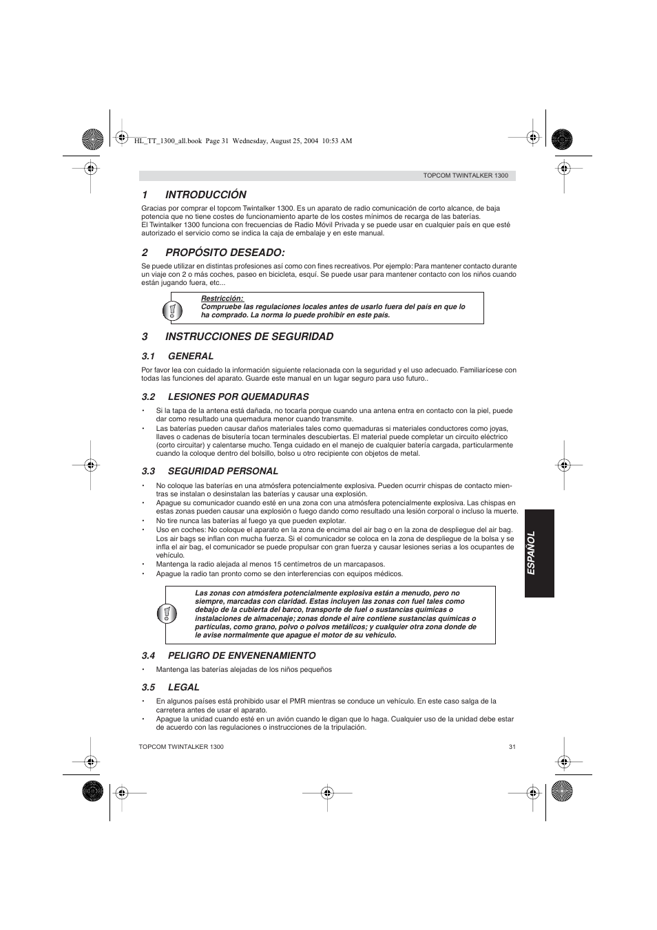 1introducción, 2propósito deseado, 3instrucciones de seguridad | Topcom Twintalker 1300 User Manual | Page 31 / 116