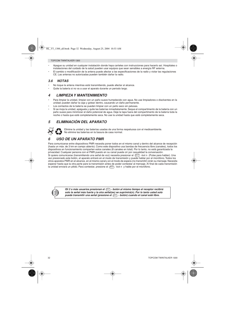 4limpieza y mantenimiento, 5eliminación del aparato, 6uso de un aparato pmr | Topcom Twintalker 1300 User Manual | Page 32 / 116