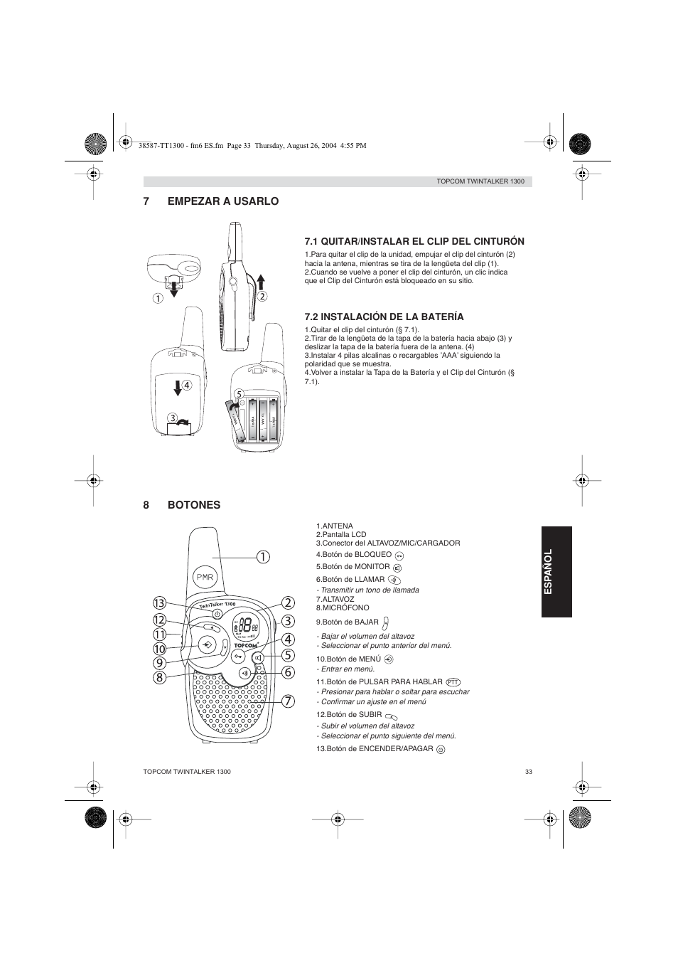 7empezar a usarlo, 8botones | Topcom Twintalker 1300 User Manual | Page 33 / 116