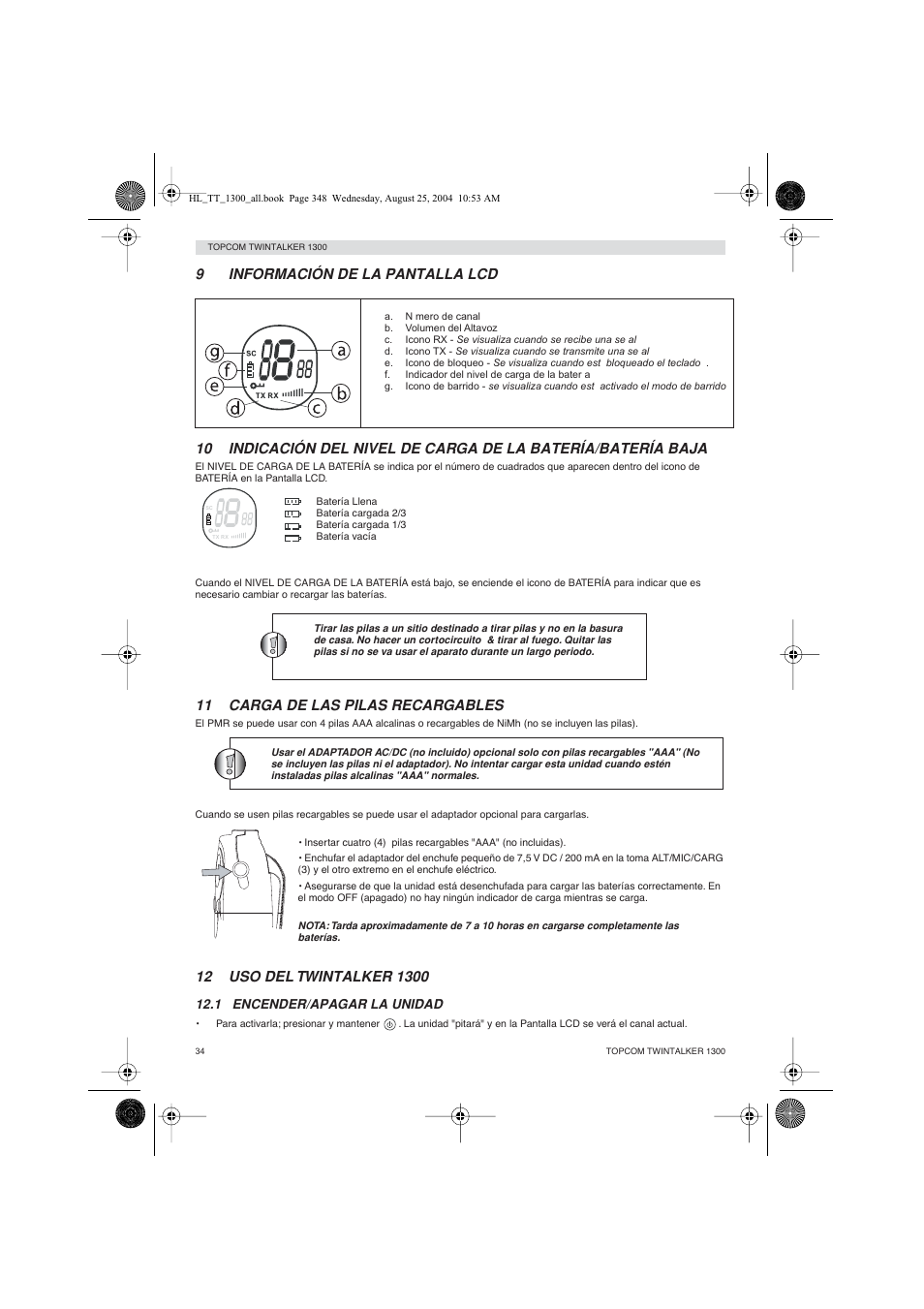 11 carga de las pilas recargables | Topcom Twintalker 1300 User Manual | Page 34 / 116