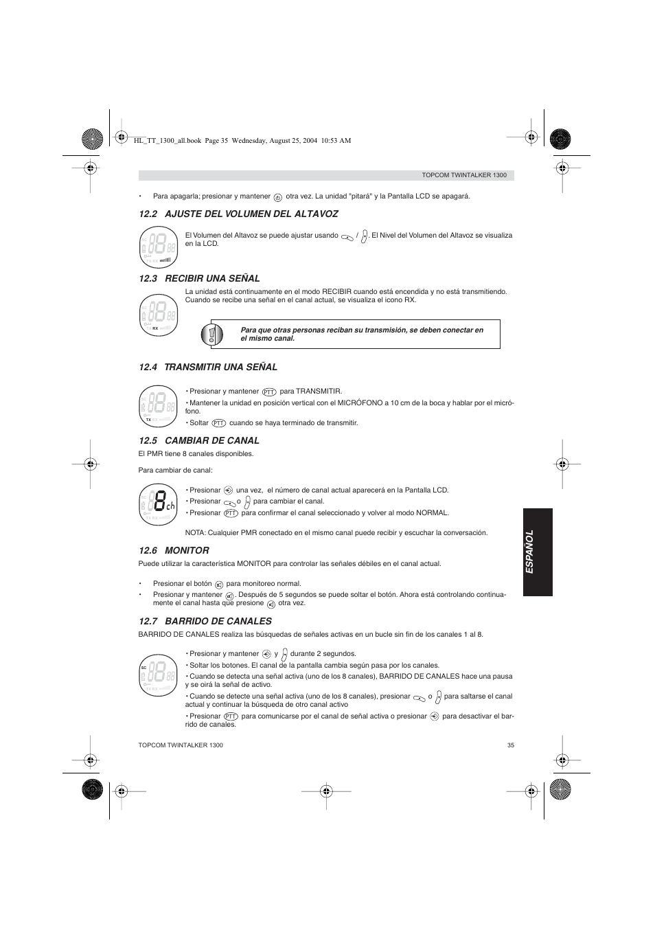 Esp añol, 2 ajuste del volumen del altavoz, 3 recibir una señal | 4 transmitir una señal, 5 cambiar de canal, 6 monitor, 7 barrido de canales | Topcom Twintalker 1300 User Manual | Page 35 / 116