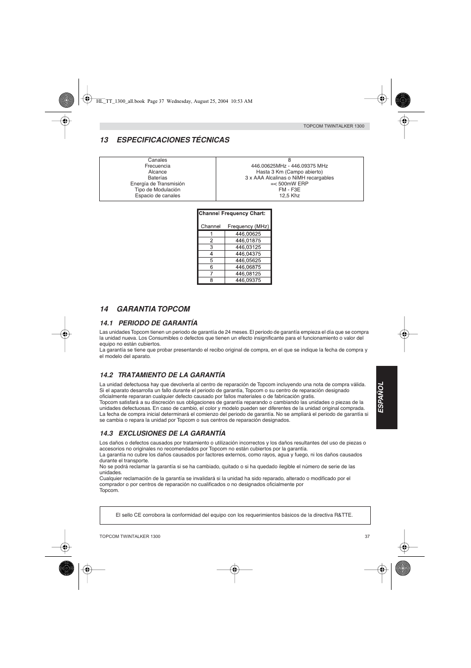13 especificaciones técnicas 14 garantia topcom | Topcom Twintalker 1300 User Manual | Page 37 / 116