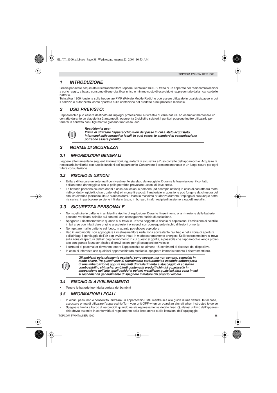 1introduzione, 2uso previsto, 3norme di sicurezza | 3 sicurezza personale | Topcom Twintalker 1300 User Manual | Page 38 / 116