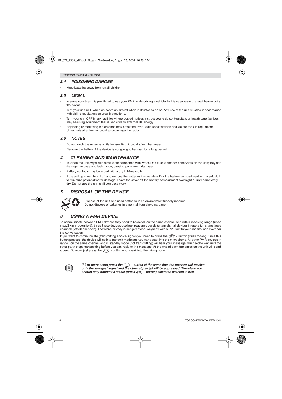 4cleaning and maintenance, 5disposal of the device, 6using a pmr device | Topcom Twintalker 1300 User Manual | Page 4 / 116