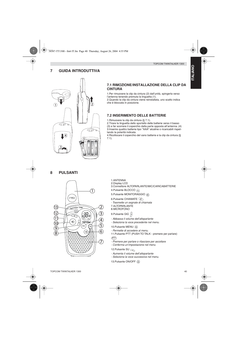 7guida introduttiva, 8pulsanti | Topcom Twintalker 1300 User Manual | Page 40 / 116