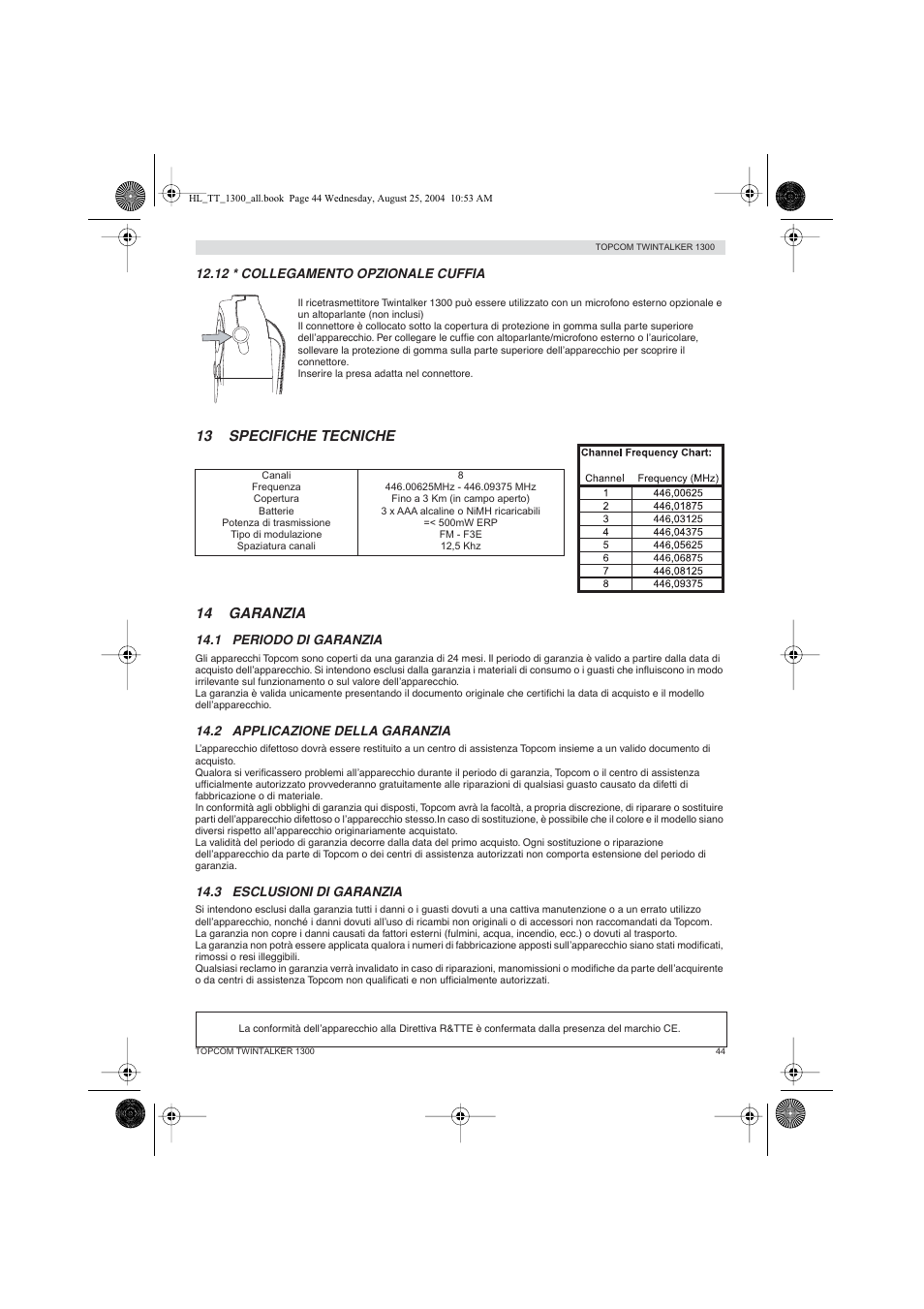 13 specifiche tecniche 14 garanzia | Topcom Twintalker 1300 User Manual | Page 44 / 116