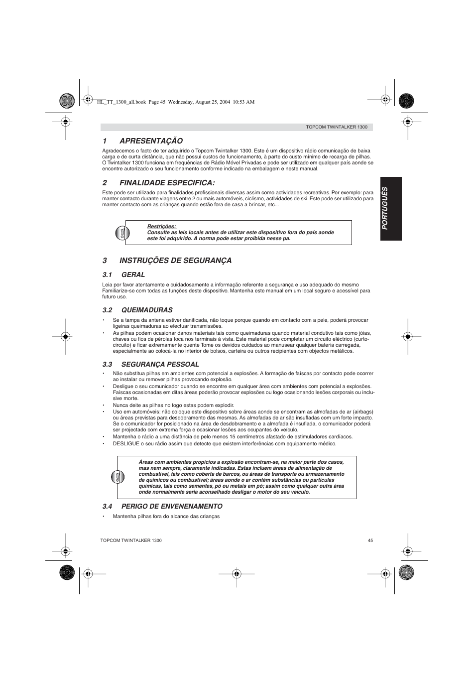 1apresentação, 2finalidade especifica, 3instruções de segurança | Topcom Twintalker 1300 User Manual | Page 45 / 116