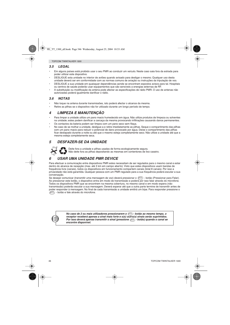 4limpeza e manutenção, 5desfazer-se da unidade, 6usar uma unidade pmr device | Topcom Twintalker 1300 User Manual | Page 46 / 116