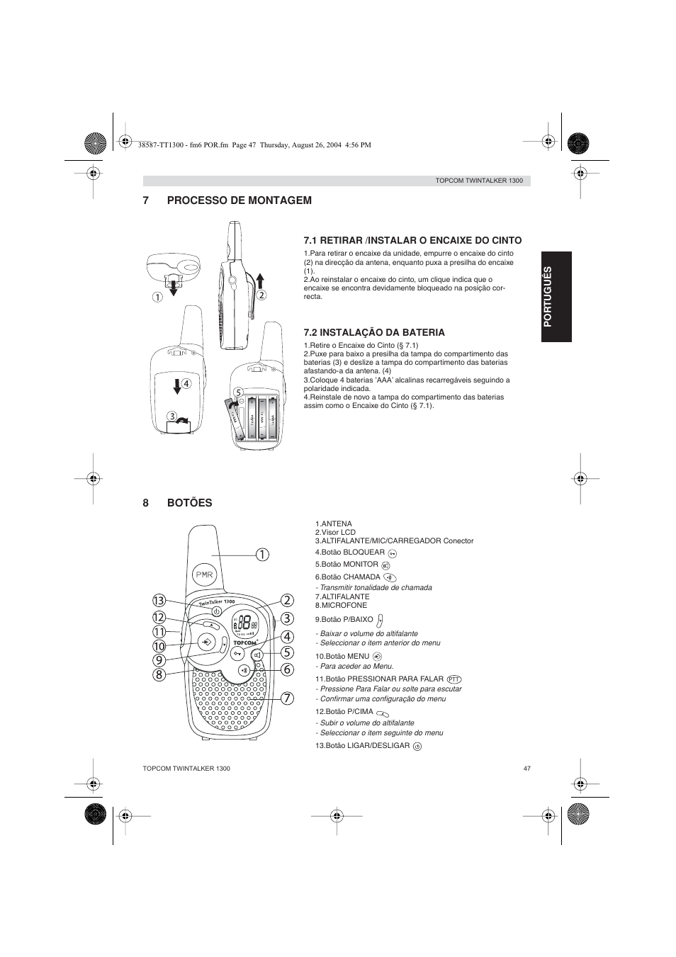 7processo de montagem, 8botões | Topcom Twintalker 1300 User Manual | Page 47 / 116