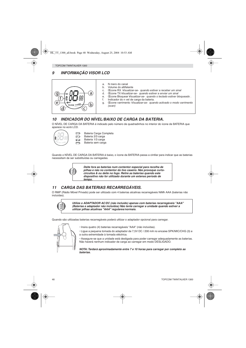 11 carga das baterias recarregáveis | Topcom Twintalker 1300 User Manual | Page 48 / 116