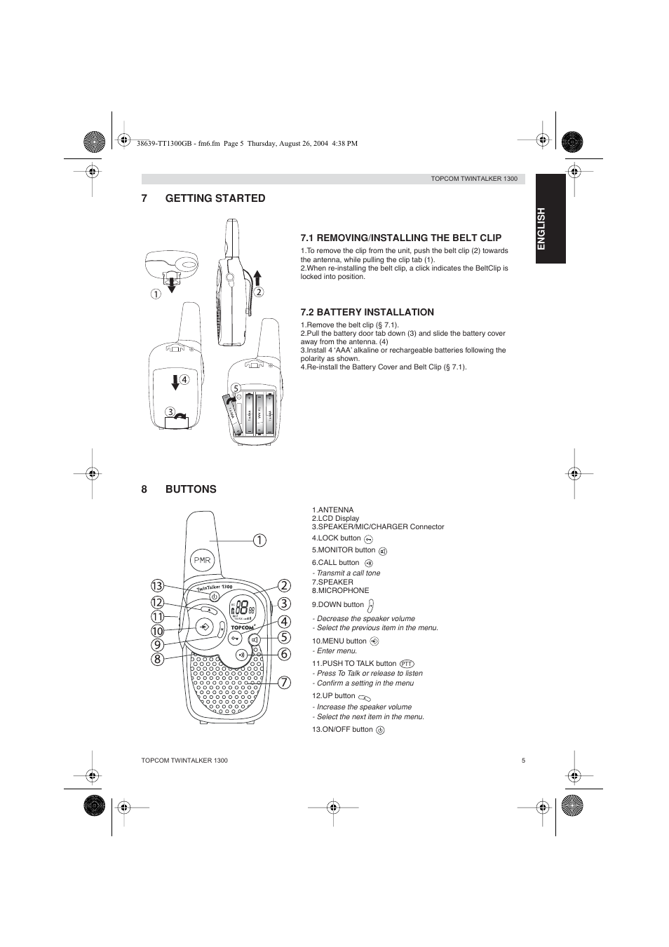 7getting started, 8buttons | Topcom Twintalker 1300 User Manual | Page 5 / 116