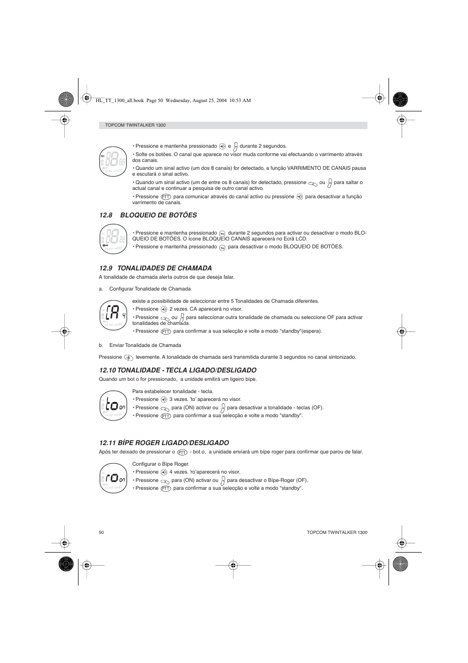 8 bloqueio de botões, 9 tonalidades de chamada, 10 tonalidade - tecla ligado/desligado | 11 bípe roger ligado/desligado | Topcom Twintalker 1300 User Manual | Page 50 / 116