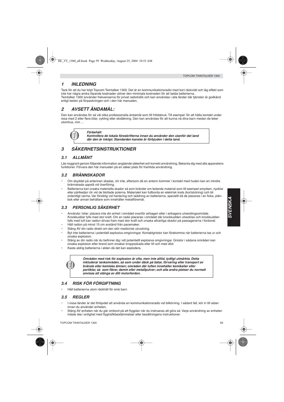 Svenska, 1inledning, 2avsett ändamål | 3säkerhetsinstruktioner | Topcom Twintalker 1300 User Manual | Page 59 / 116