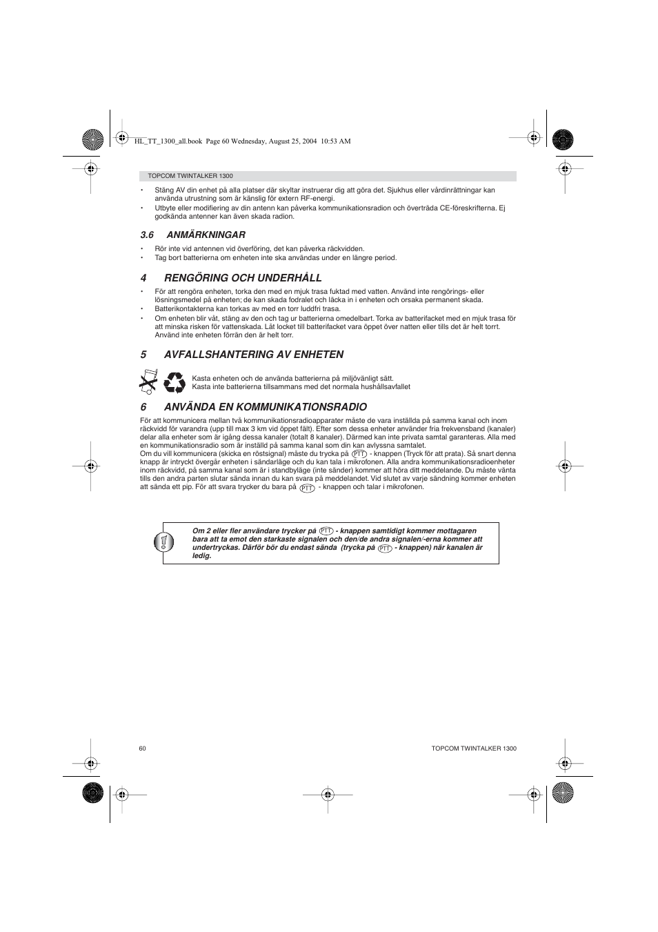 4rengöring och underhåll, 5avfallshantering av enheten, 6använda en kommunikationsradio | Topcom Twintalker 1300 User Manual | Page 60 / 116