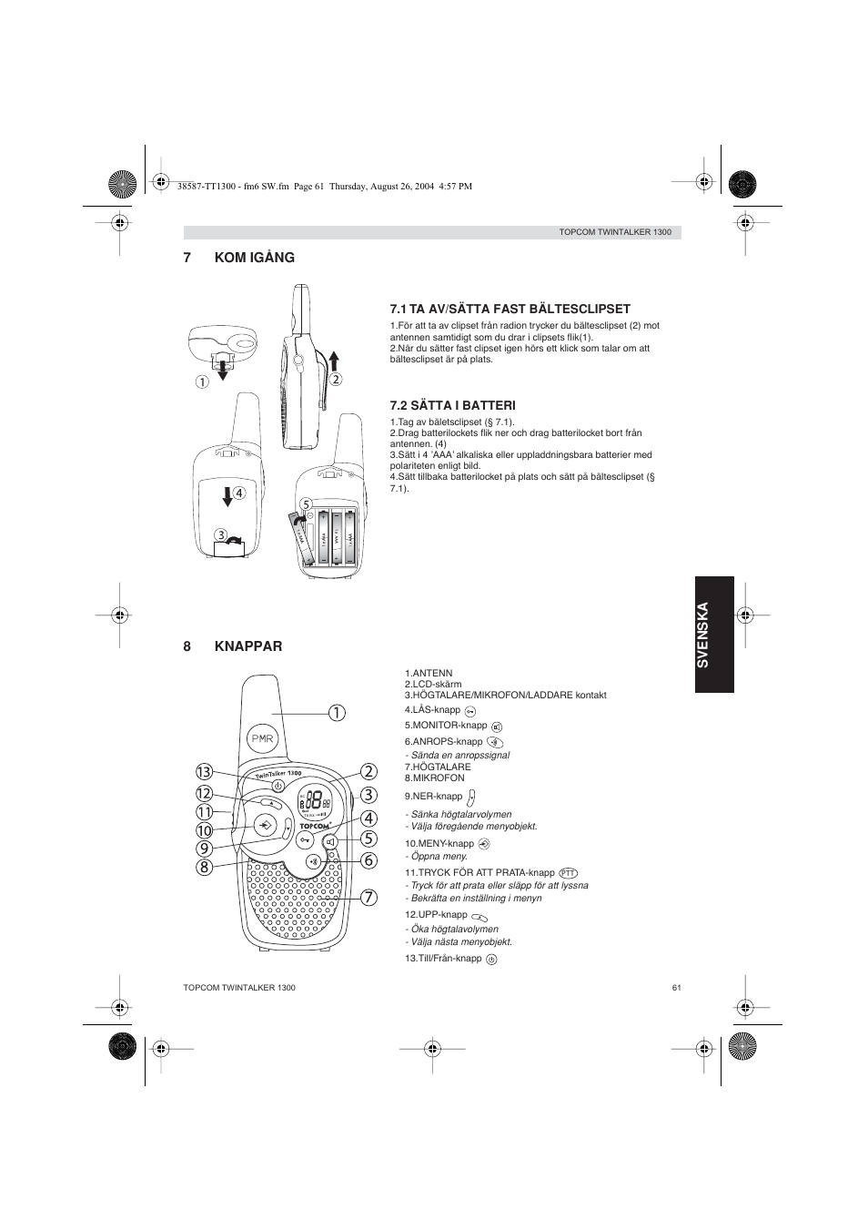 Svenska 7 kom igång, 8knappar | Topcom Twintalker 1300 User Manual | Page 61 / 116