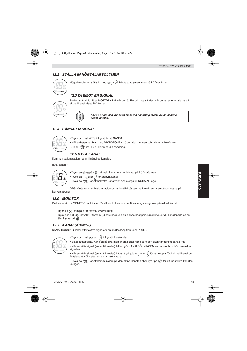 Svenska, 2 ställa in högtalarvolymen, 3 ta emot en signal | 4 sända en signal, 5 byta kanal, 6 monitor, 7 kanalsökning | Topcom Twintalker 1300 User Manual | Page 63 / 116