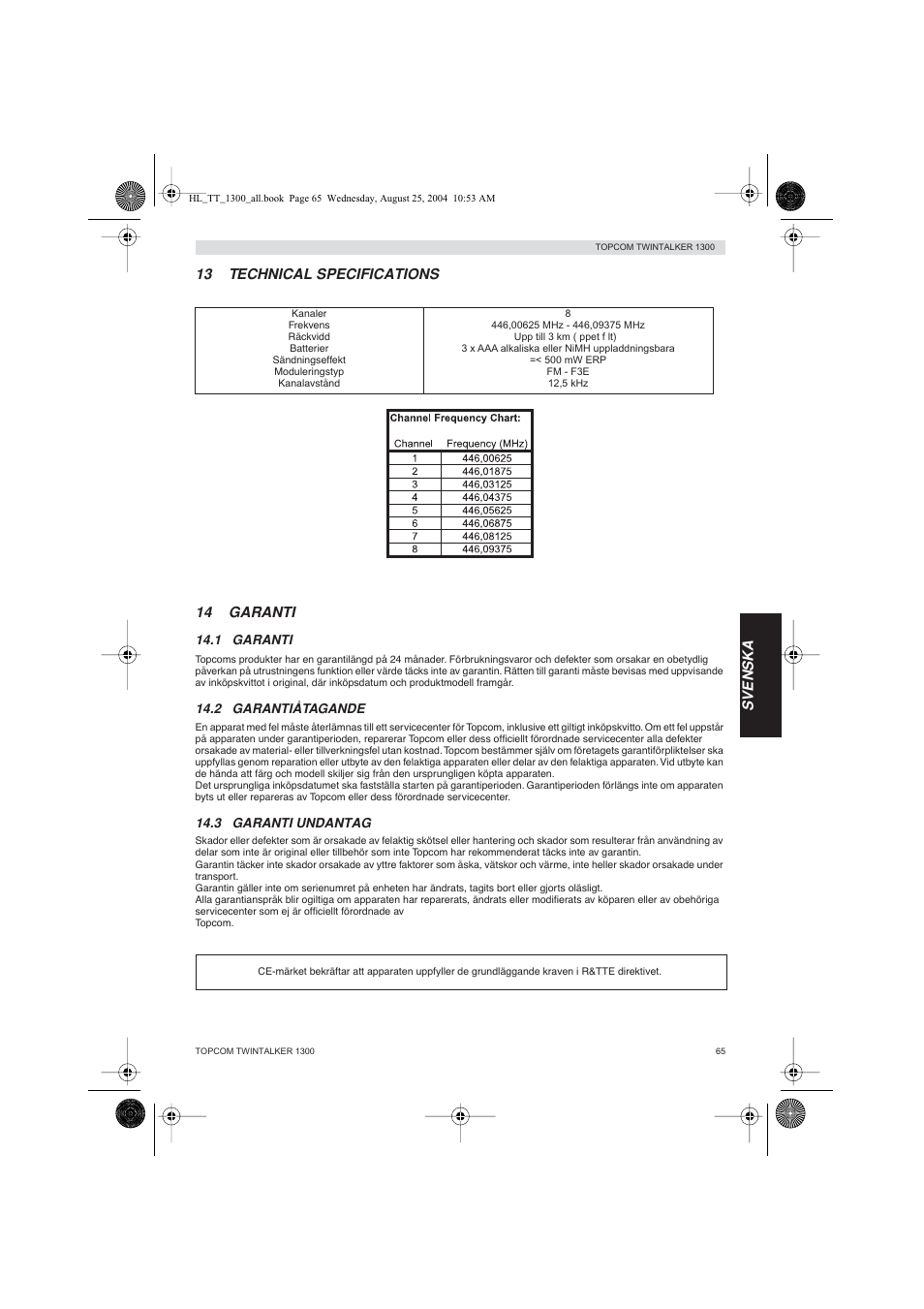 Svenska 13 technical specifications 14 garanti | Topcom Twintalker 1300 User Manual | Page 65 / 116