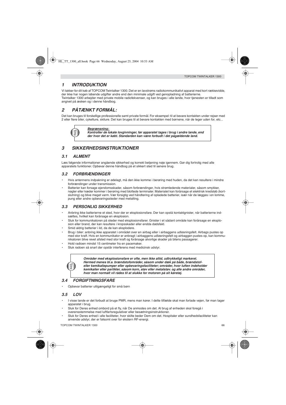 1introduktion, 2påtænkt formål, 3sikkerhedsinstruktioner | Topcom Twintalker 1300 User Manual | Page 66 / 116