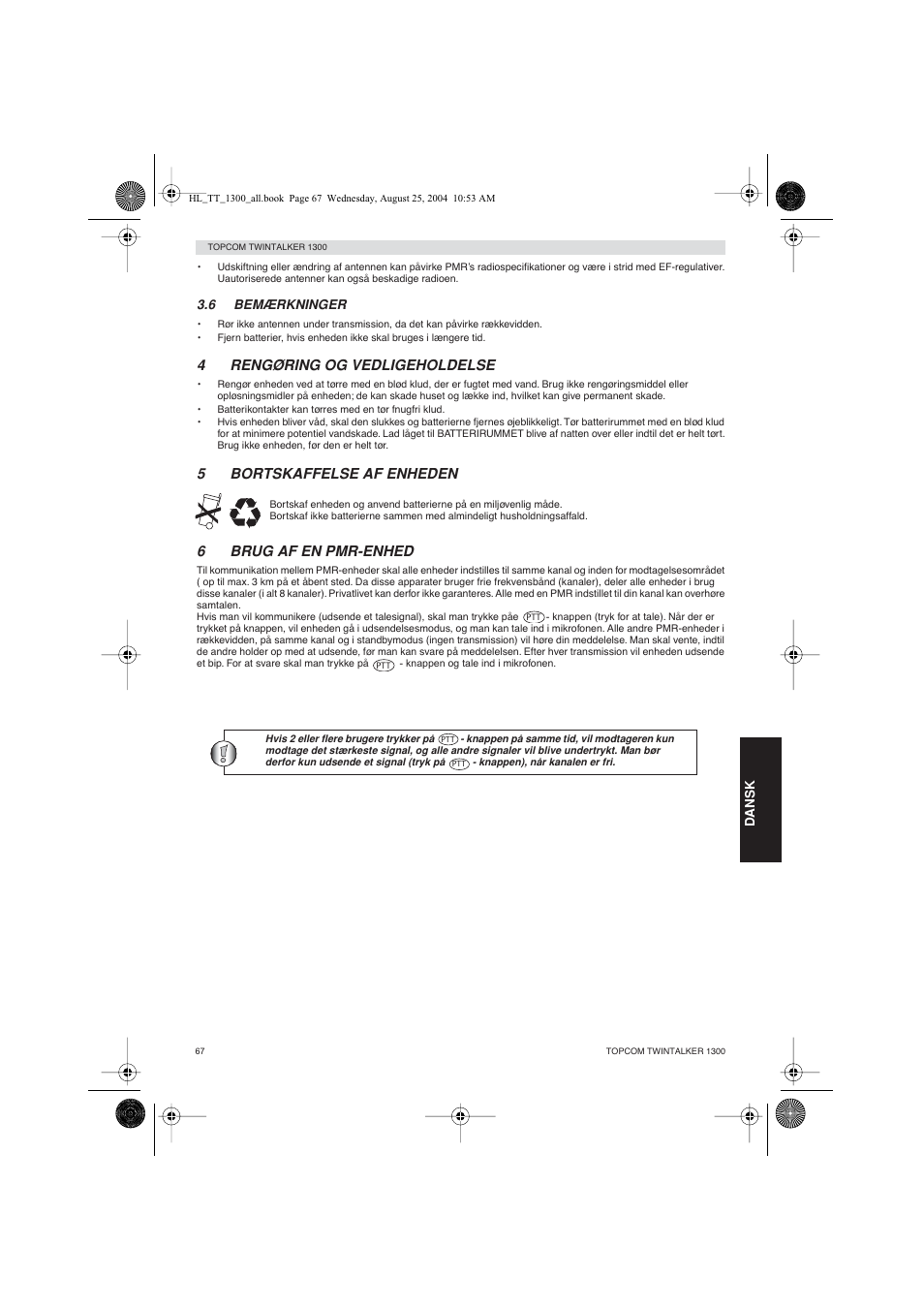 4rengøring og vedligeholdelse, 5bortskaffelse af enheden, 6brug af en pmr-enhed | Topcom Twintalker 1300 User Manual | Page 67 / 116