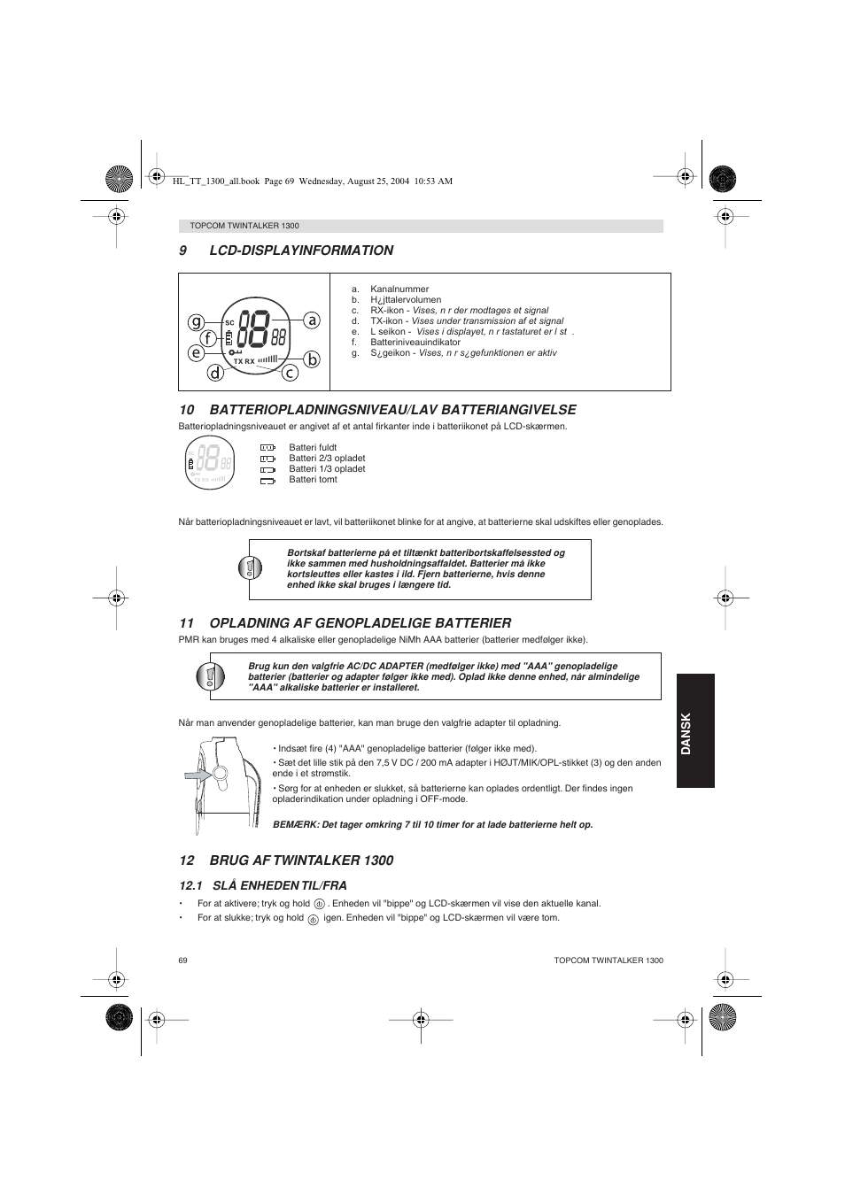 11 opladning af genopladelige batterier | Topcom Twintalker 1300 User Manual | Page 69 / 116