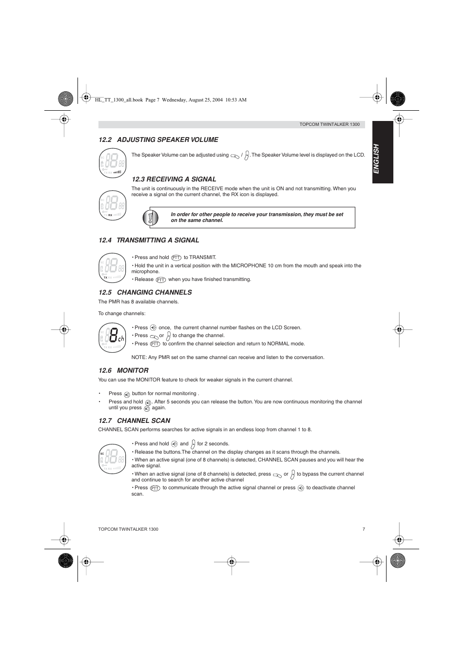 English 12.2 adjusting speaker volume, 3 receiving a signal, 4 transmitting a signal | 5 changing channels, 6 monitor, 7 channel scan | Topcom Twintalker 1300 User Manual | Page 7 / 116