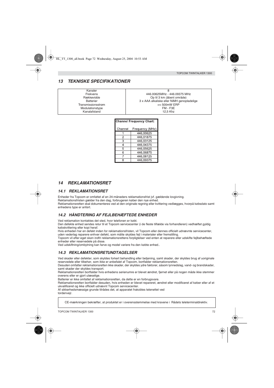 13 tekniske specifikationer 14 reklamationsret | Topcom Twintalker 1300 User Manual | Page 72 / 116