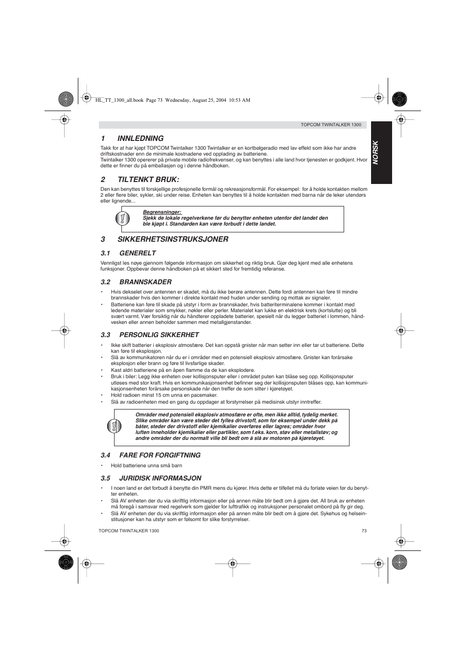 1innledning, 2tiltenkt bruk, 3sikkerhetsinstruksjoner | Topcom Twintalker 1300 User Manual | Page 73 / 116