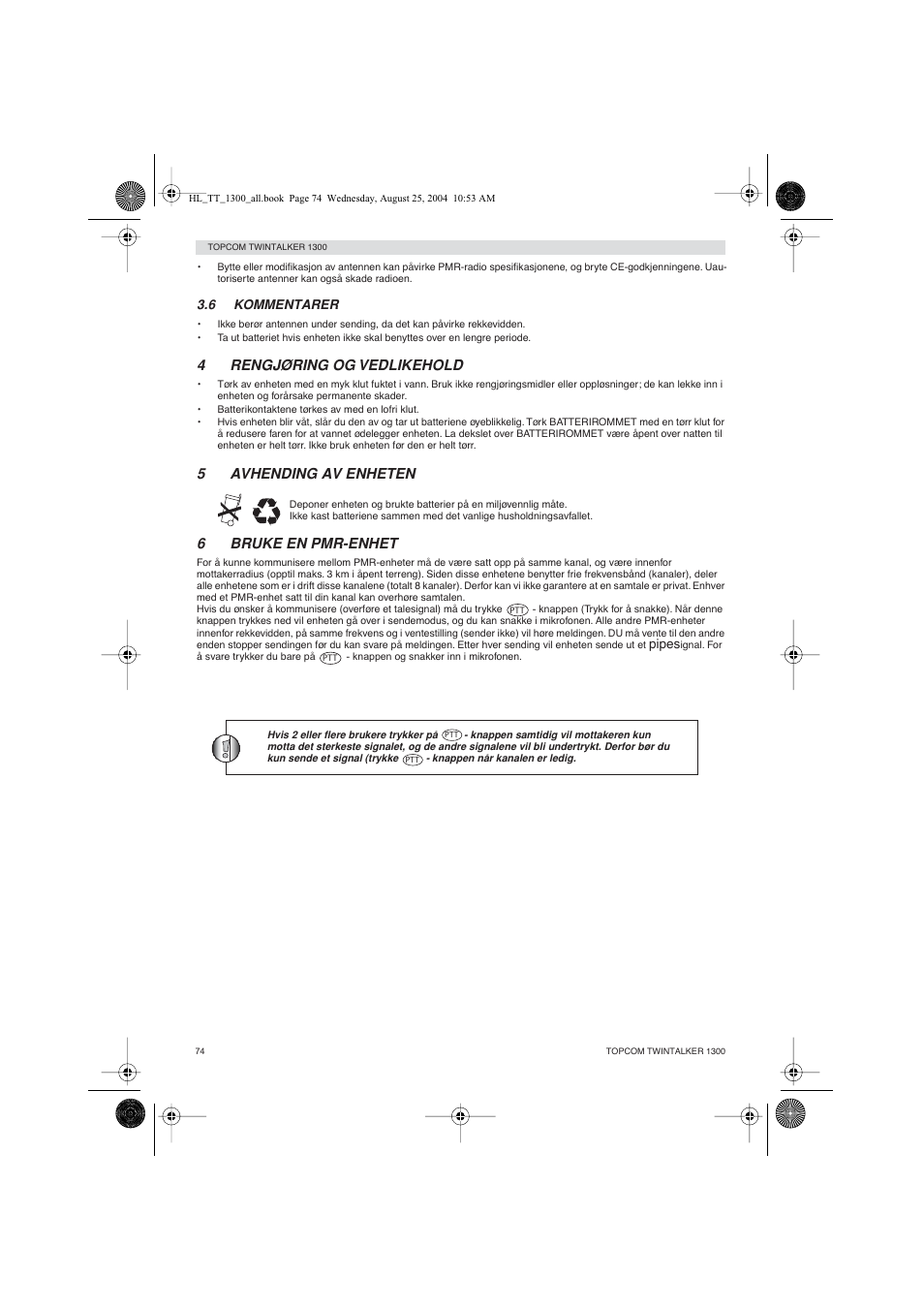 4rengjøring og vedlikehold, 5avhending av enheten, 6bruke en pmr-enhet | Topcom Twintalker 1300 User Manual | Page 74 / 116