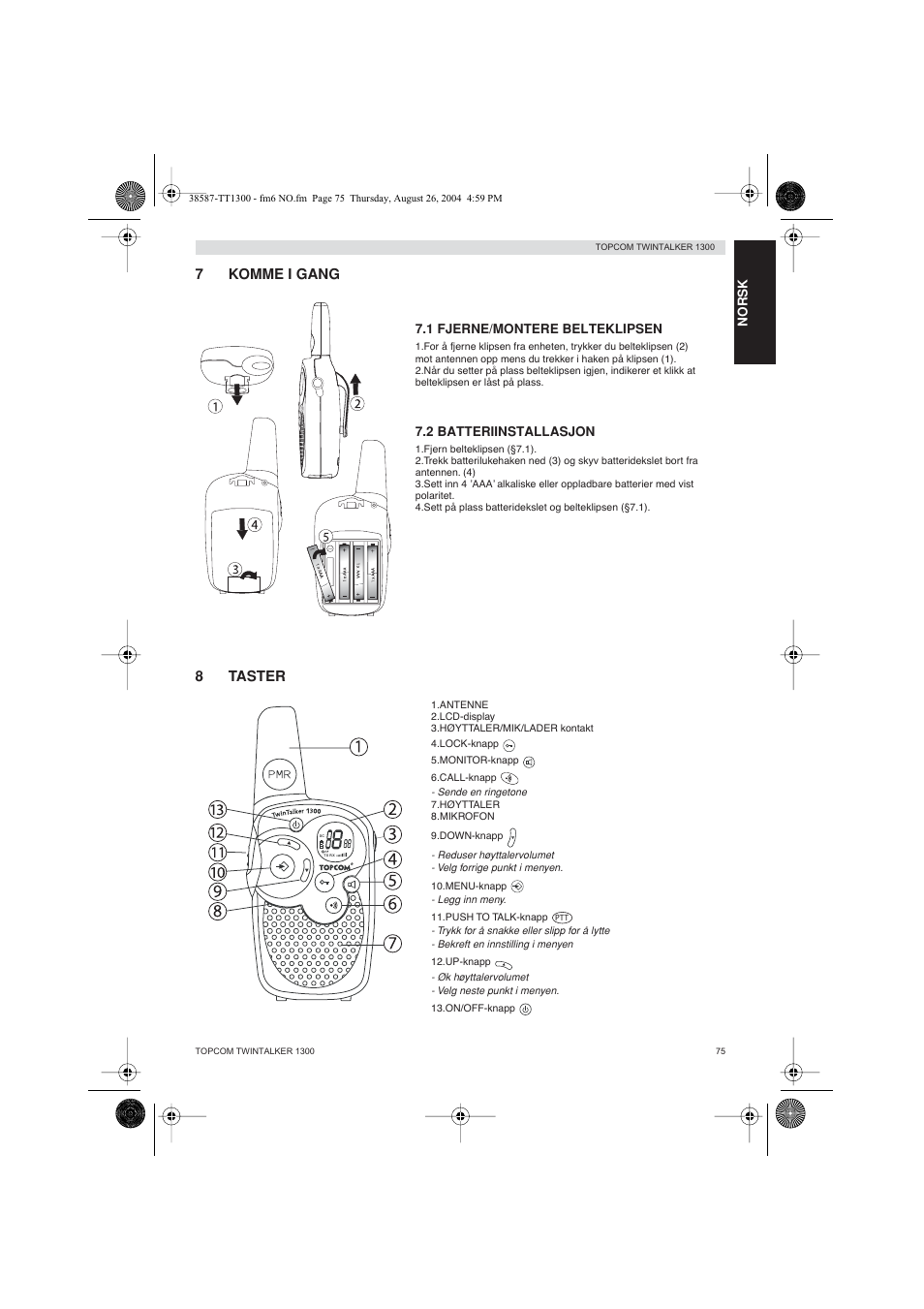 7komme i gang, 8taster | Topcom Twintalker 1300 User Manual | Page 75 / 116