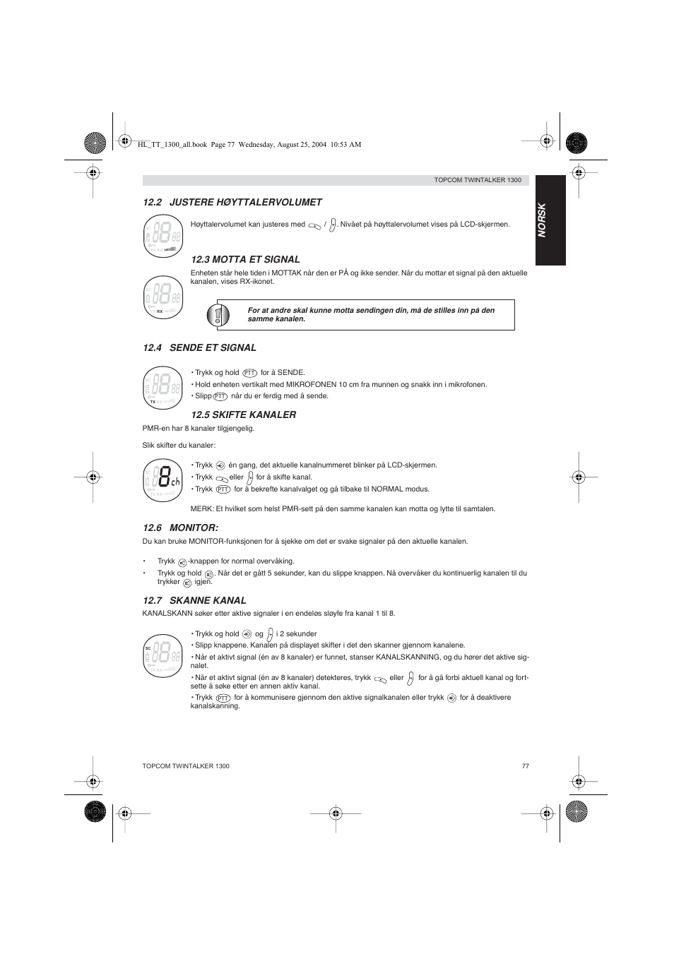 Norsk 12.2 justere høyttalervolumet, 3 motta et signal, 4 sende et signal | 5 skifte kanaler, 6 monitor, 7 skanne kanal | Topcom Twintalker 1300 User Manual | Page 77 / 116