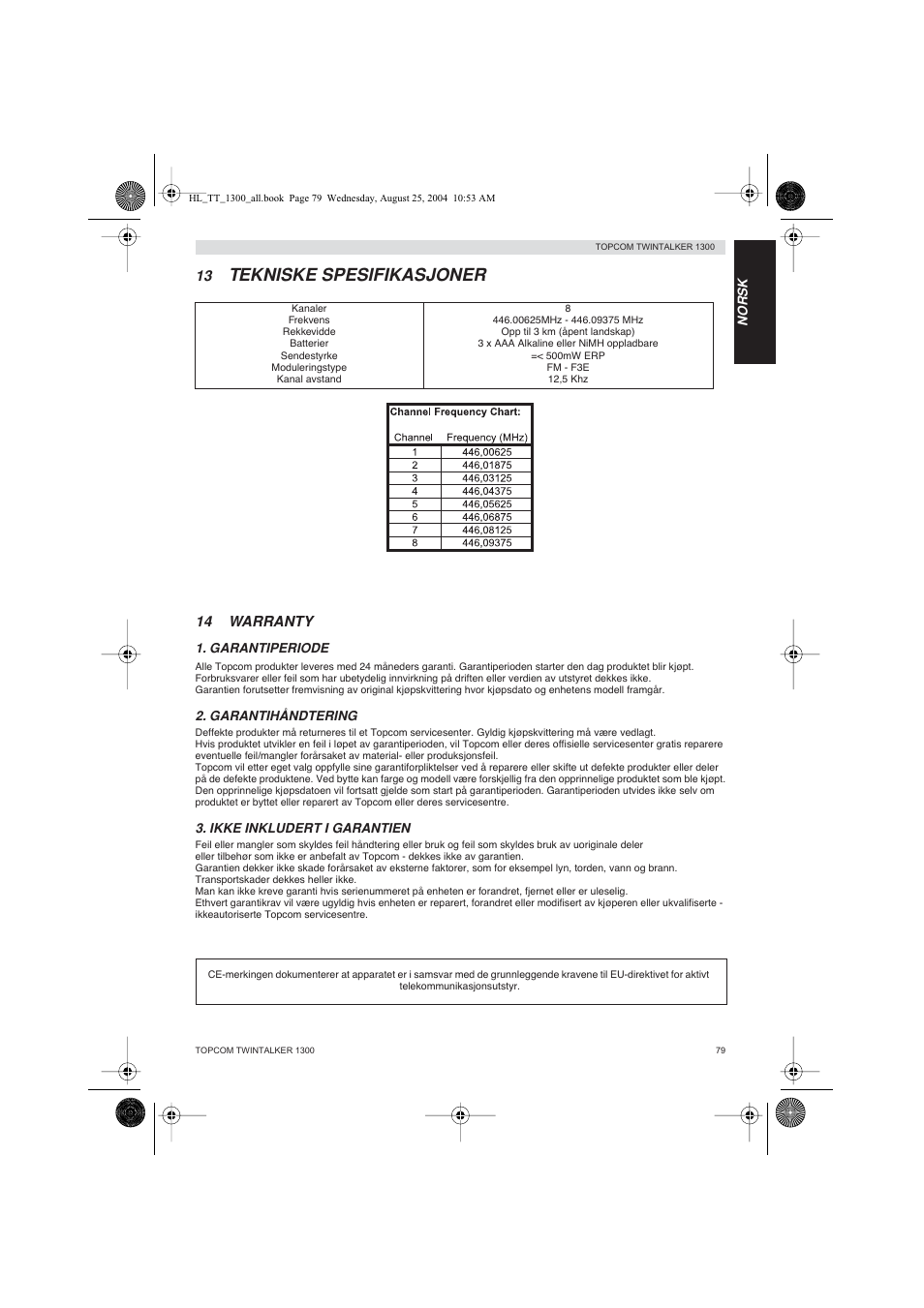 Tekniske spesifikasjoner, 14 warranty | Topcom Twintalker 1300 User Manual | Page 79 / 116