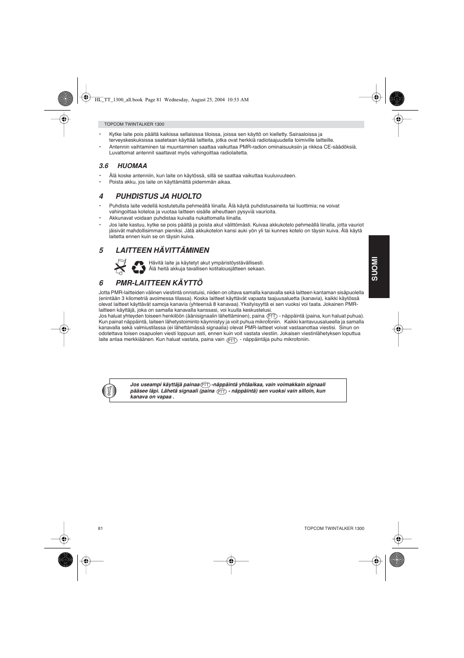 4puhdistus ja huolto, 5laitteen hävittäminen, 6pmr-laitteen käyttö | Suomi | Topcom Twintalker 1300 User Manual | Page 81 / 116