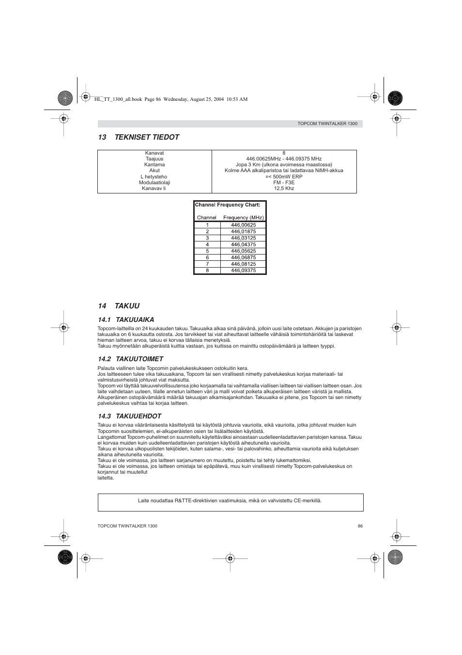 Suomi 13 tekniset tiedot 14 takuu | Topcom Twintalker 1300 User Manual | Page 86 / 116