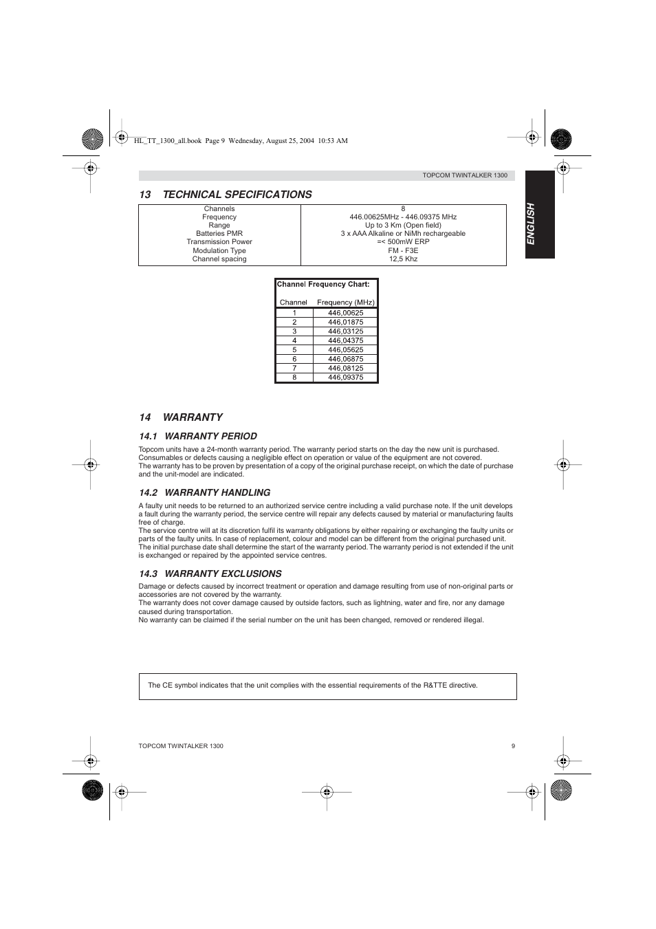 13 technical specifications 14 warranty | Topcom Twintalker 1300 User Manual | Page 9 / 116