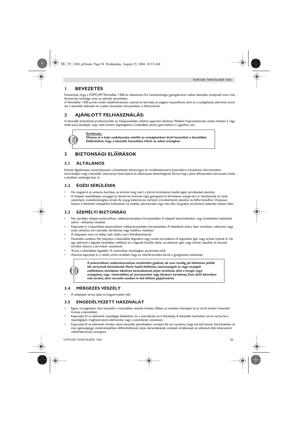 1bevezetés, 2ajánlott felhasználás, 3biztonsági el | Írások | Topcom Twintalker 1300 User Manual | Page 94 / 116