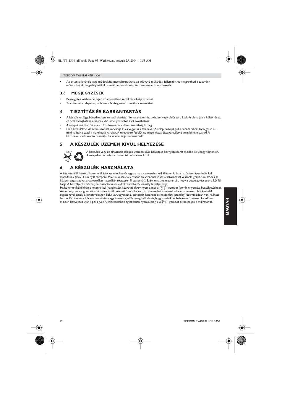 4tisztítás és karbantartás, 5a készülék üzemen kívül helyezése, 6a készülék használata | Topcom Twintalker 1300 User Manual | Page 95 / 116