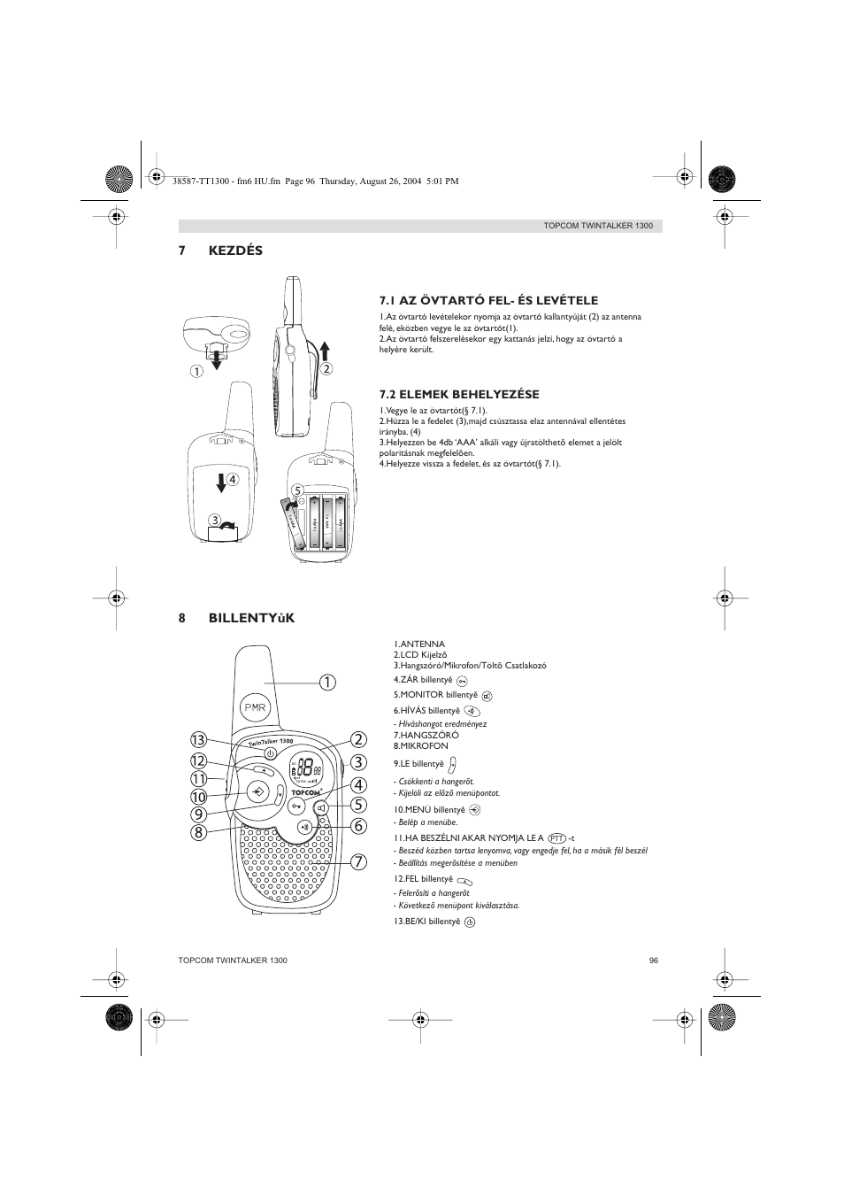 7 kezdés, 8 billentyůk | Topcom Twintalker 1300 User Manual | Page 96 / 116
