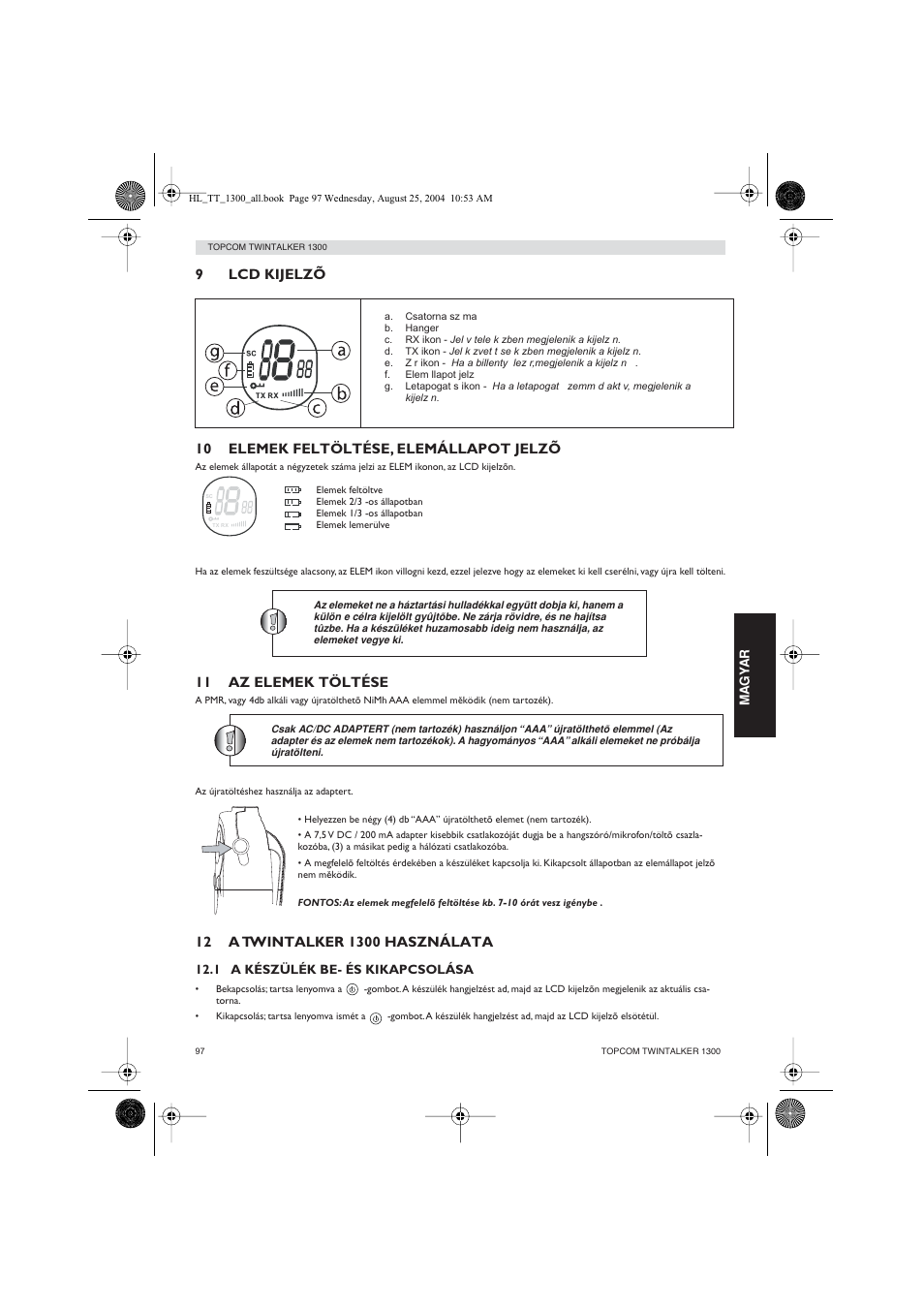 11 az elemek töltése | Topcom Twintalker 1300 User Manual | Page 97 / 116