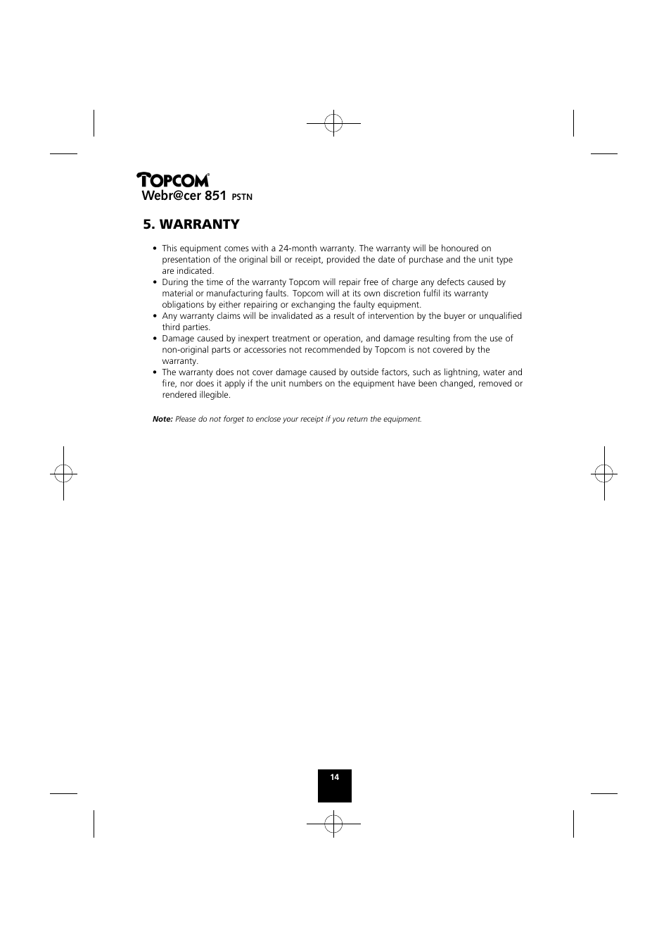 Warranty, Webr@cer 851 | Topcom Webr@cer 851 PSTN User Manual | Page 14 / 52