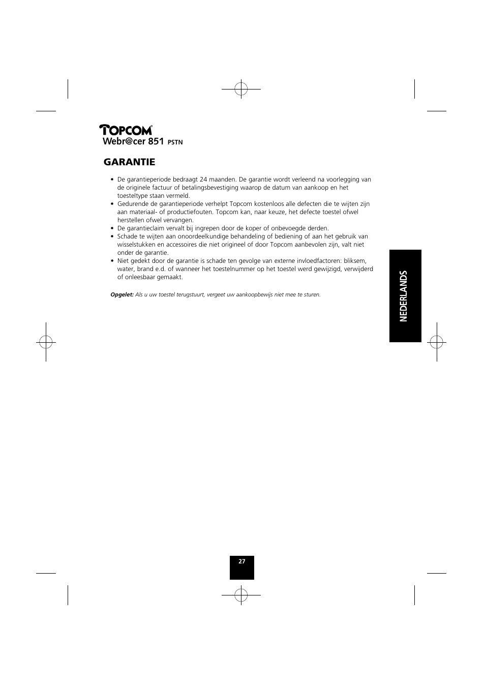 Webr@cer 851, Garantie | Topcom Webr@cer 851 PSTN User Manual | Page 27 / 52