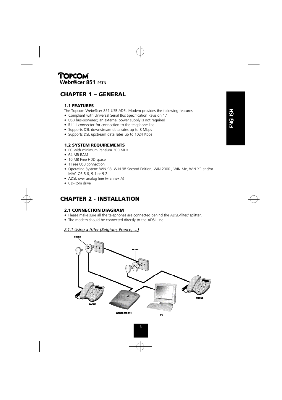 Chapter 1 – general, Chapter 2 - installation, Webr@cer 851 | Topcom Webr@cer 851 PSTN User Manual | Page 3 / 52